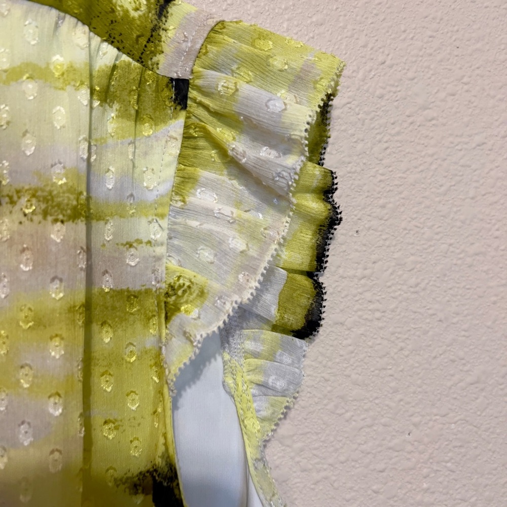 Calvin Klein Yellow and White Ruffled Sleeve Blouse with Bow at Nevk. Size PM - Picture 3 of 5
